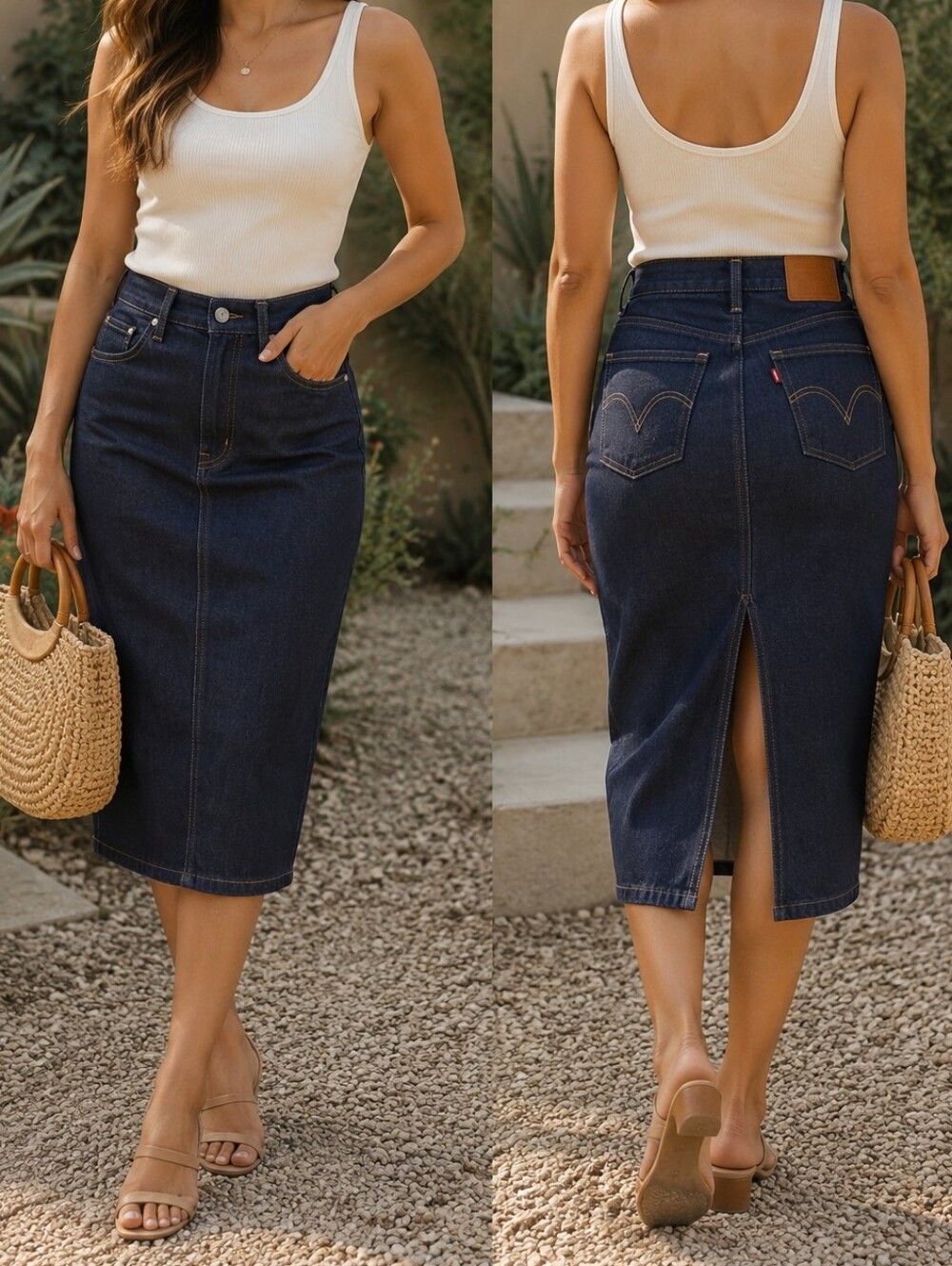NWT Levi's High Rise Dark Indigo Denim Pencil Midi Skirt 100% Cotton Contrast